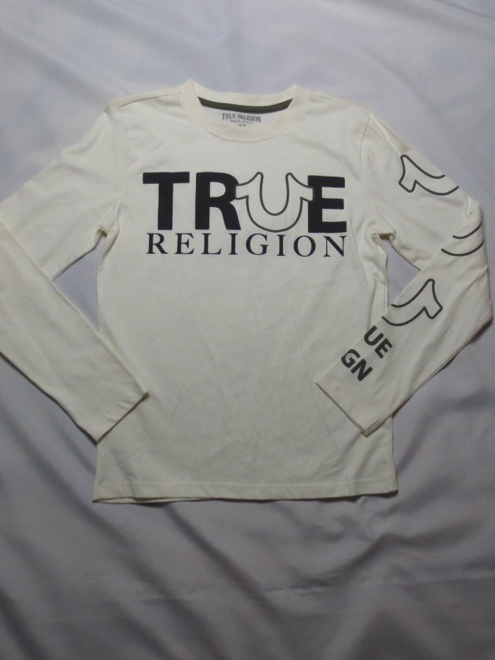 TRUE RELIGION boys T-SHIRT cream LONG SLEEVE brown TEE top WESTERN soft SIZE M